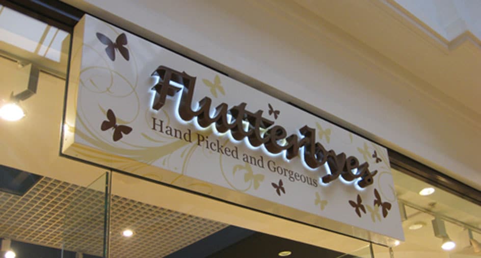 illuminated signage, illuminated shop signs, shop display, shop sign, retail display, Flutterbyes shops