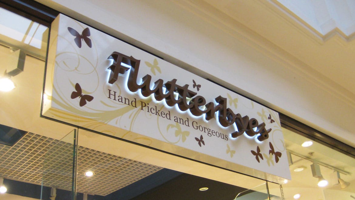 Illuminated store sign for Flutterbyes at Lakeside Essex