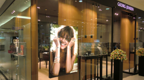 Fabric face retail display light box for Georg Jensen window display in Hong Kong