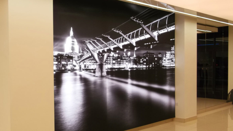 Illuminated graphic wall in Land Rover car showroom