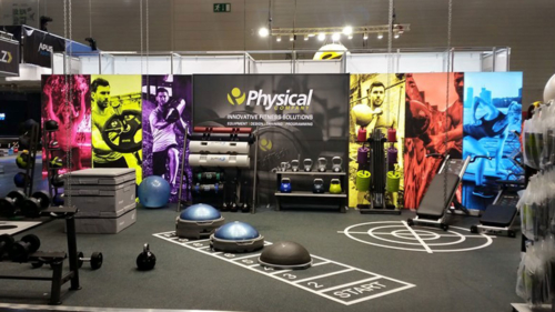 Freestanding tension fabric face lightbox at fitness exhibition