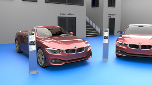 Freestanding Focus Frames in car showroom render