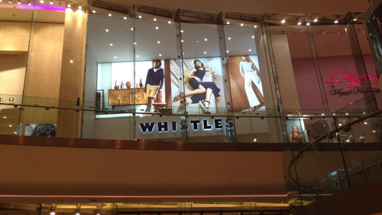 Large format retail tension fabric lightbox at Whistles Westfield White City