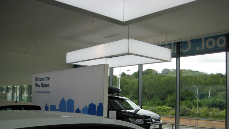Tension Fabric hanging feature lightboxes for VW car showroom