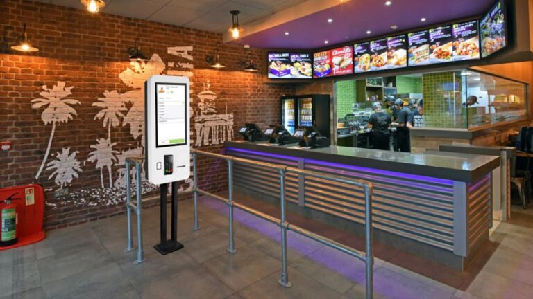 Digital Self Service Kiosk with Floor Stand in Fast Food Restaurant