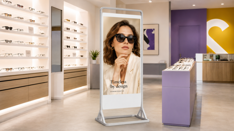 Double-Sided Super Slim Freestanding Digital Screen in Eyewear Shop