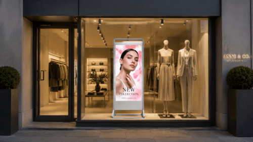 Freestanding Double-Sided Super Slim Digital Screen in Anne & Co. London Boutique Window Display