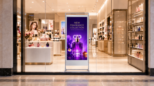 Freestanding Double-Sided Super Slim Digital Screen in Perfumery Department Storefront window