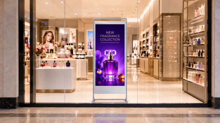 Freestanding Double-Sided Super Slim Digital Screen in Perfumery Department Storefront window