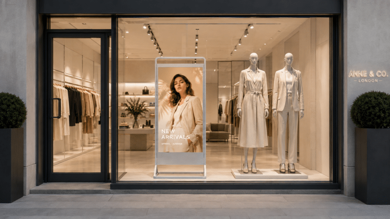 Super Slim Double-Sided Freestanding Digital Screen in clothing shop