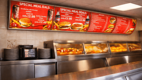Illuminated menu boards at fish and chip shop for Coca Cola