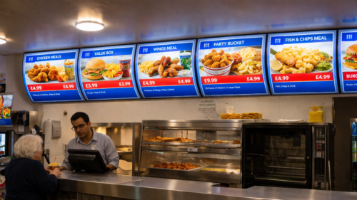 Illuminated menu boards in food take away shop