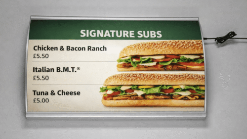 Menu lightbox display boards with Signature subs ad