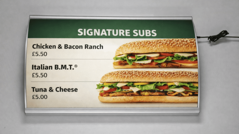 Menu lightbox display boards with Signature subs ad