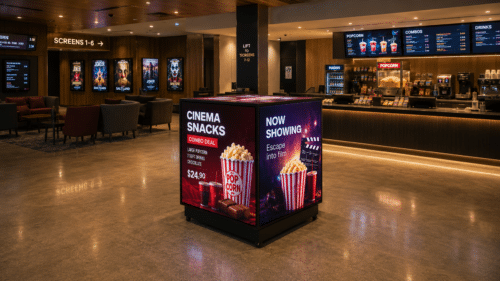 Cinema Lobby with Snack Promotion on Digital LED Cube Cinema Lobby with Snack Promotion on Digital LED Cube