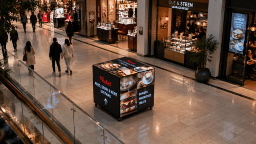 Digital LED Cube advertising Food Court in Westfield Digital LED Cube advertising Food Court in Westfield