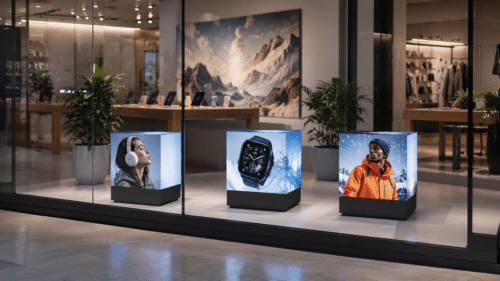 Digital LED Cubes in Tech Shop Window Digital LED Cubes in Tech Shop Window