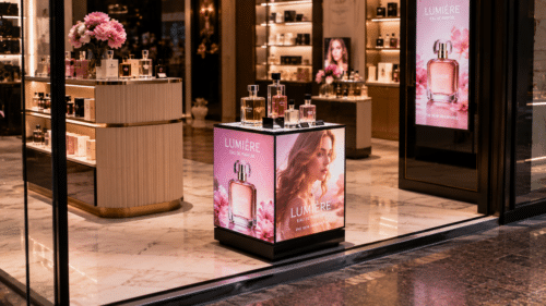 Lumière Perfume Boutique Digital LED Display Cube in window Lumière Perfume Boutique Digital LED Display Cube in window