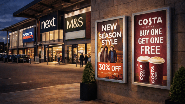 Hinge opening poster cases at shopping centre Hinge opening poster cases at shopping centre