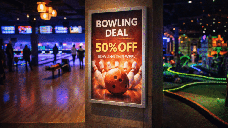 Poster Case with bowling deal advert Poster Case with bowling deal advert