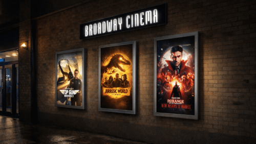 Side opening light up Poster Cases for Broadway Cinema at night Side opening light up Poster Cases for Broadway Cinema at night