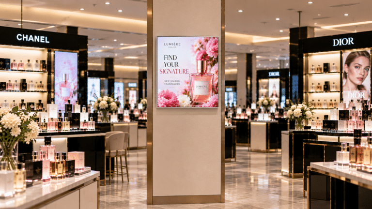 Beauty Department with Square digital display on column Beauty Department with Square digital display on column