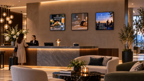 Square Digital Displays in Luxury Hotel Lobby Reception Square Digital Displays in Luxury Hotel Lobby Reception