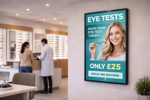 Digital screen by iiyama with eye test promotion in opticians