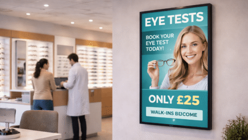 Digital screen by iiyama with eye test promotion in opticians