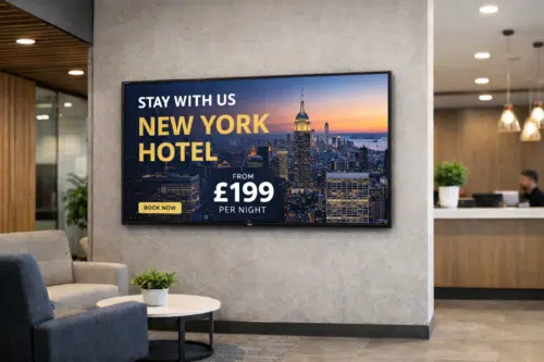 iiyama digital display in hotel lobby with New York ad