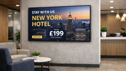 iiyama digital display in hotel lobby with New York ad