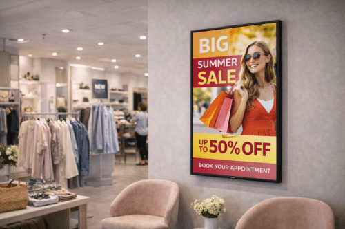 Big summer sale ad in store digital screen