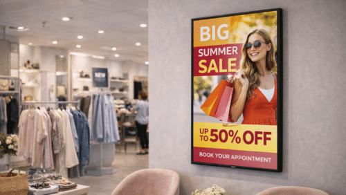 Big summer sale ad in store digital screen