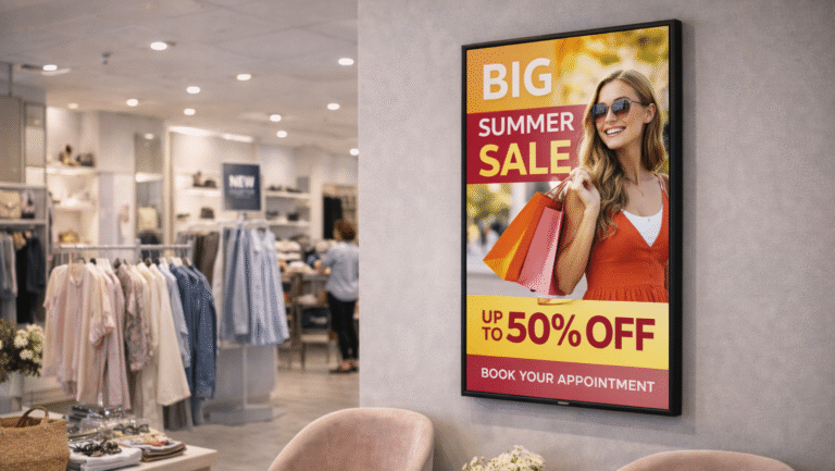 Big summer sale ad in store digital screen