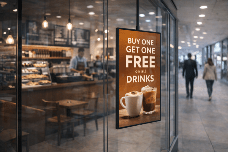 iiyama 500 digital signage screen in coffee shop window