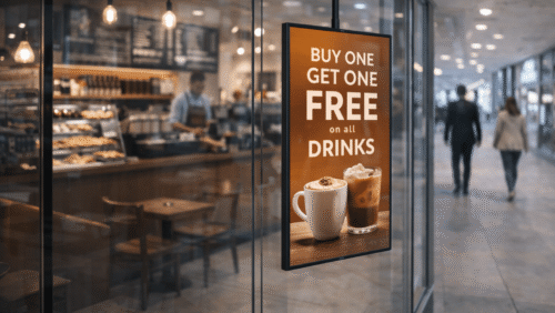 iiyama 500 digital signage screen in coffee shop window