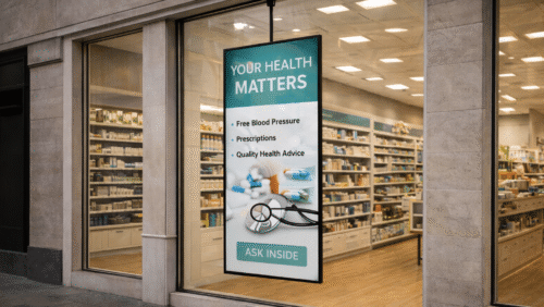 iiyama 800 digital display in pharmacy window