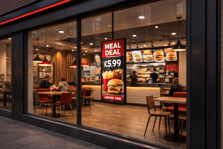 iiyama 800 digital display screen in fast food restaurant window