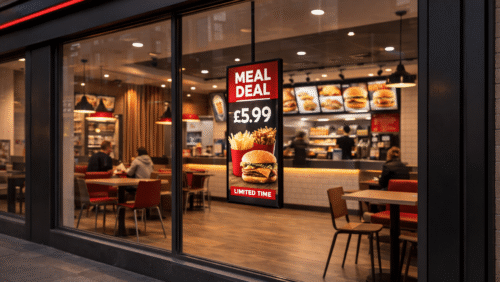 iiyama 800 digital display screen in fast food restaurant window