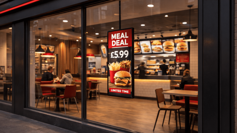 iiyama 800 digital display screen in fast food restaurant window