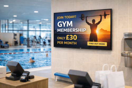 iiyama digital signage display gym membership promotion by the pool