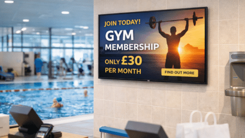iiyama digital signage display gym membership promotion by the pool