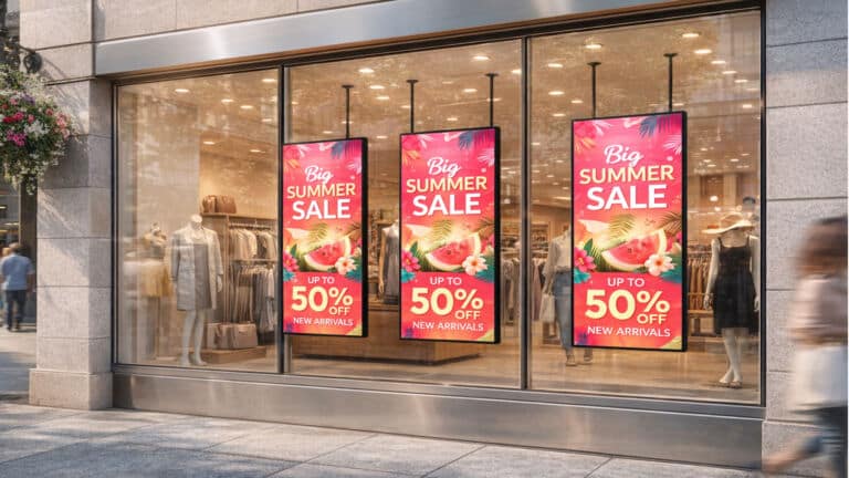 Big summer sale at high street shop windows