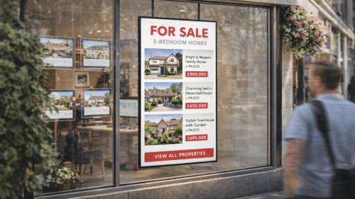 Estate agent ultra high bright window display in daylight