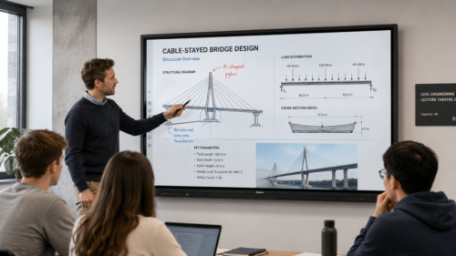 iiyama digital whiteboard displaying a cable-stayed bridge design lecture