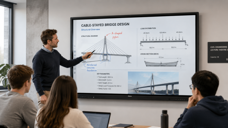 iiyama digital whiteboard displaying a cable-stayed bridge design lecture