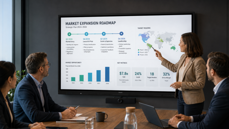 iiyama digital whiteboard used for a market expansion roadmap in a meeting room