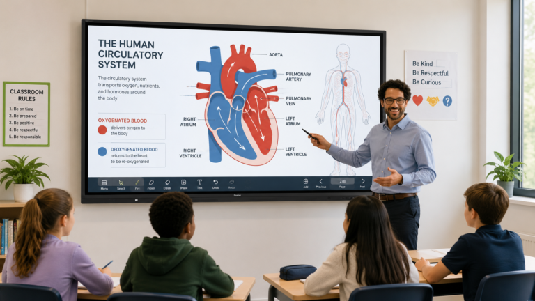 teacher using iiyama digital whiteboard for a human circulatory system lesson