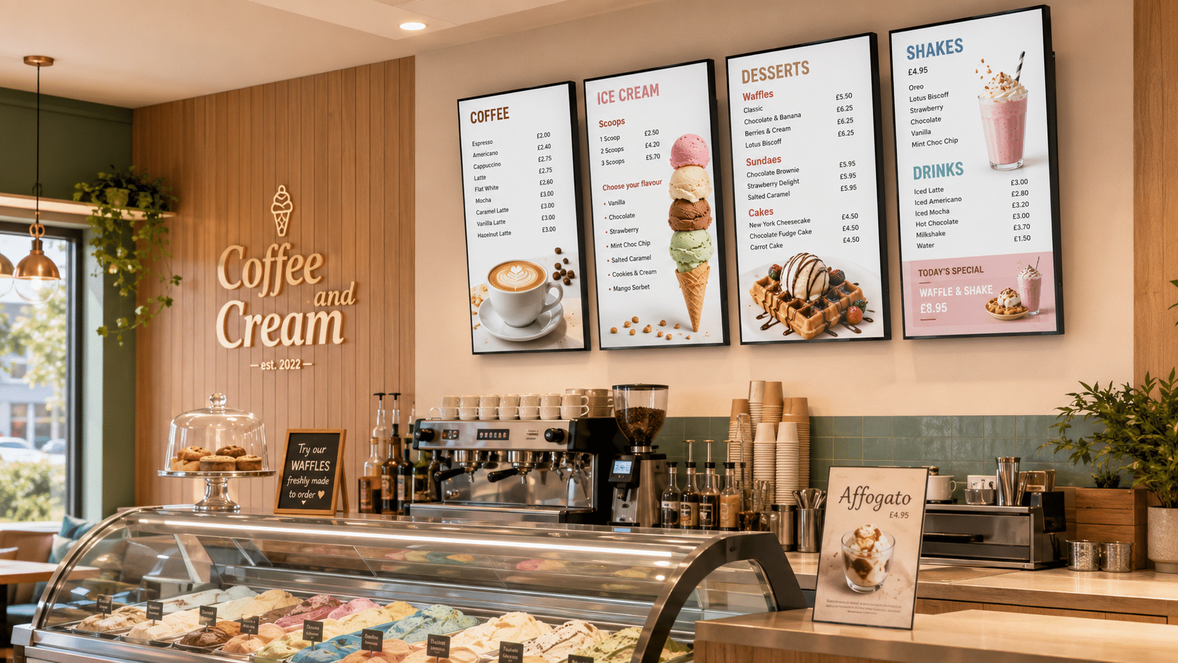 Cosy Coffee and Cream Café with Samsung digital menus