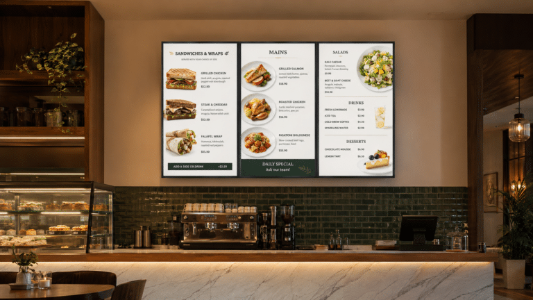 Exclusive café counter with elegant LG digital menu boards Exclusive café counter with elegant LG digital menu boards